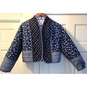 Quilted Pink Blue Paisley Floral Reversible Cropped Open Front Coat Jacket Med